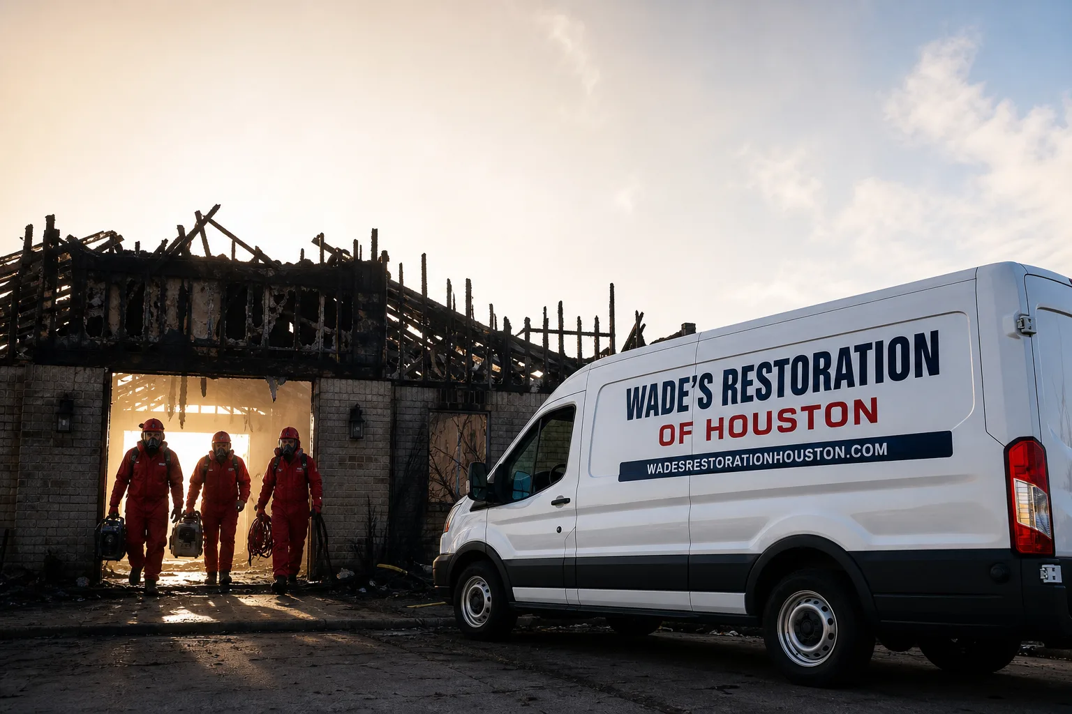 Wade's Restoration of Houston damage restoration service vehicle and crew in Houston, TX
